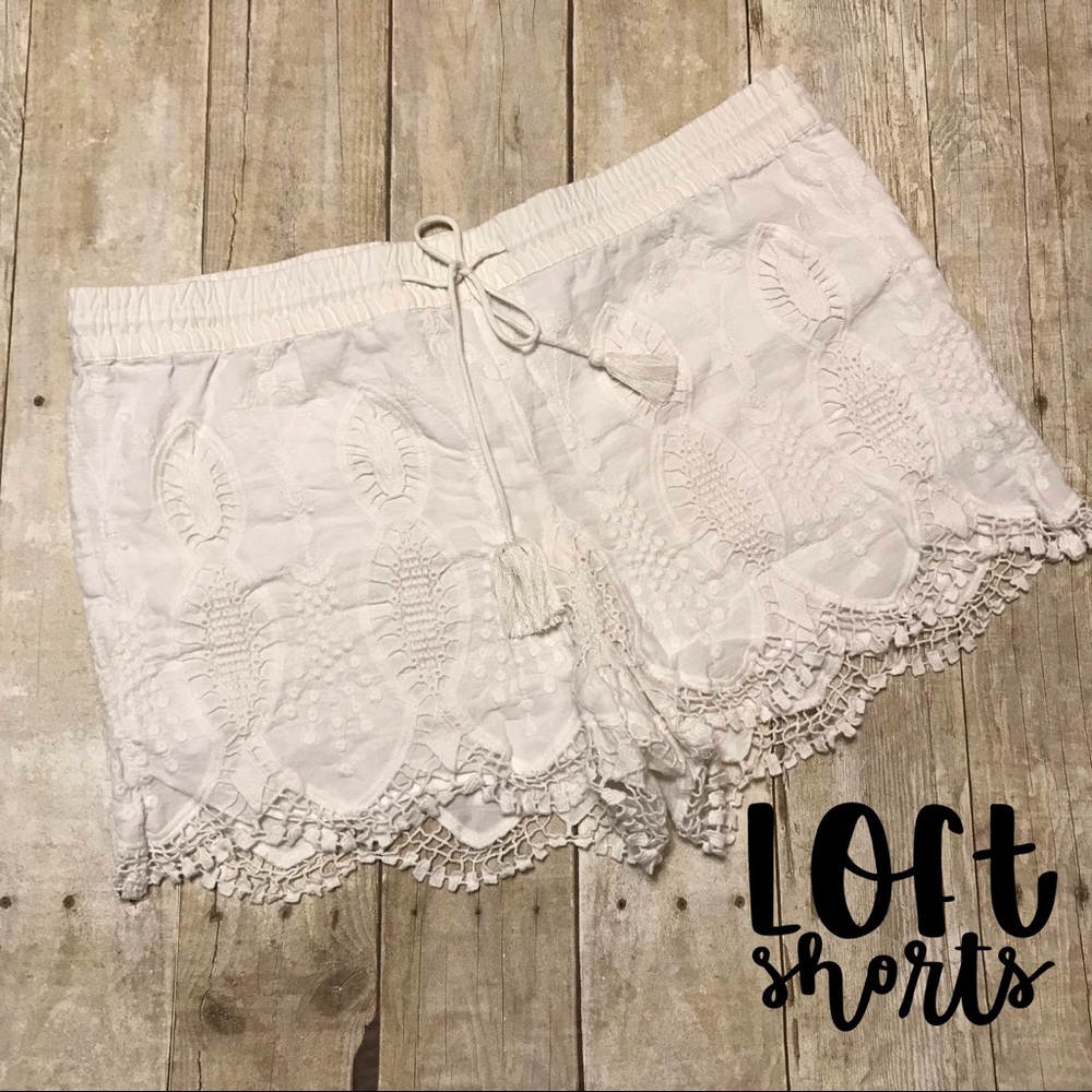 White crochet lace linen Loft shorts.